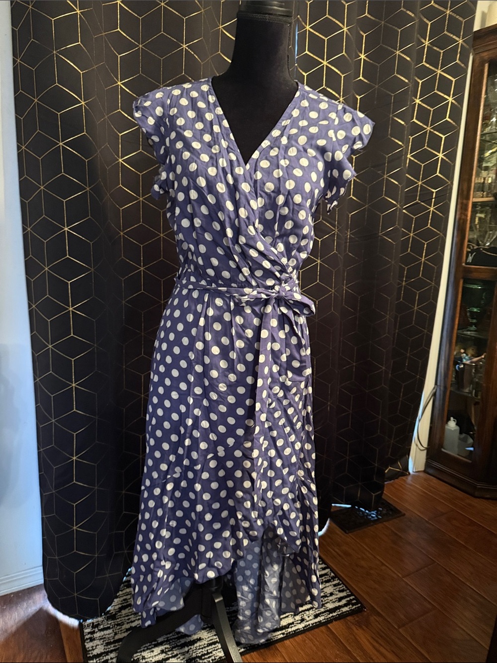 Polka Dot Wrap Midi Dress - purple
